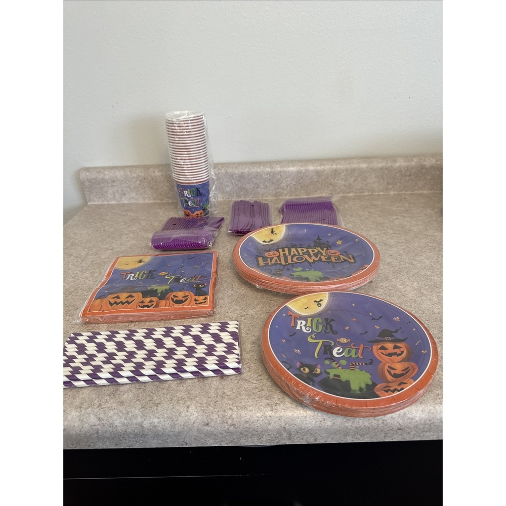 Halloween Party Supplies Serves 25 Plates Cups Silverware Straws Napkins‎